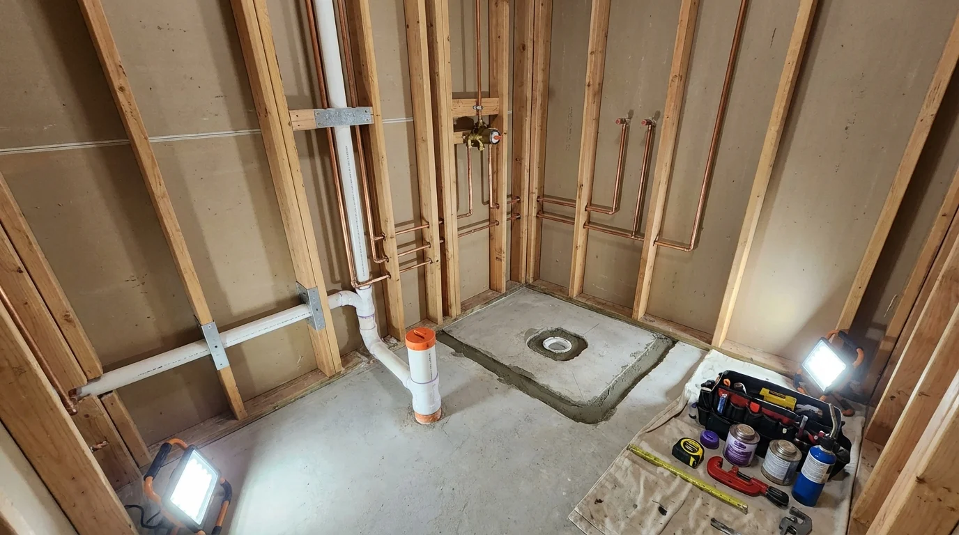 Bathroom rough-in plumbing during remodel by Johns Plumbing LLC in East Northport