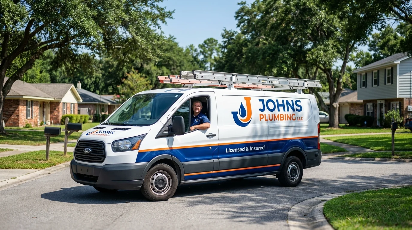 Johns Plumbing LLC service van in East Northport, NY