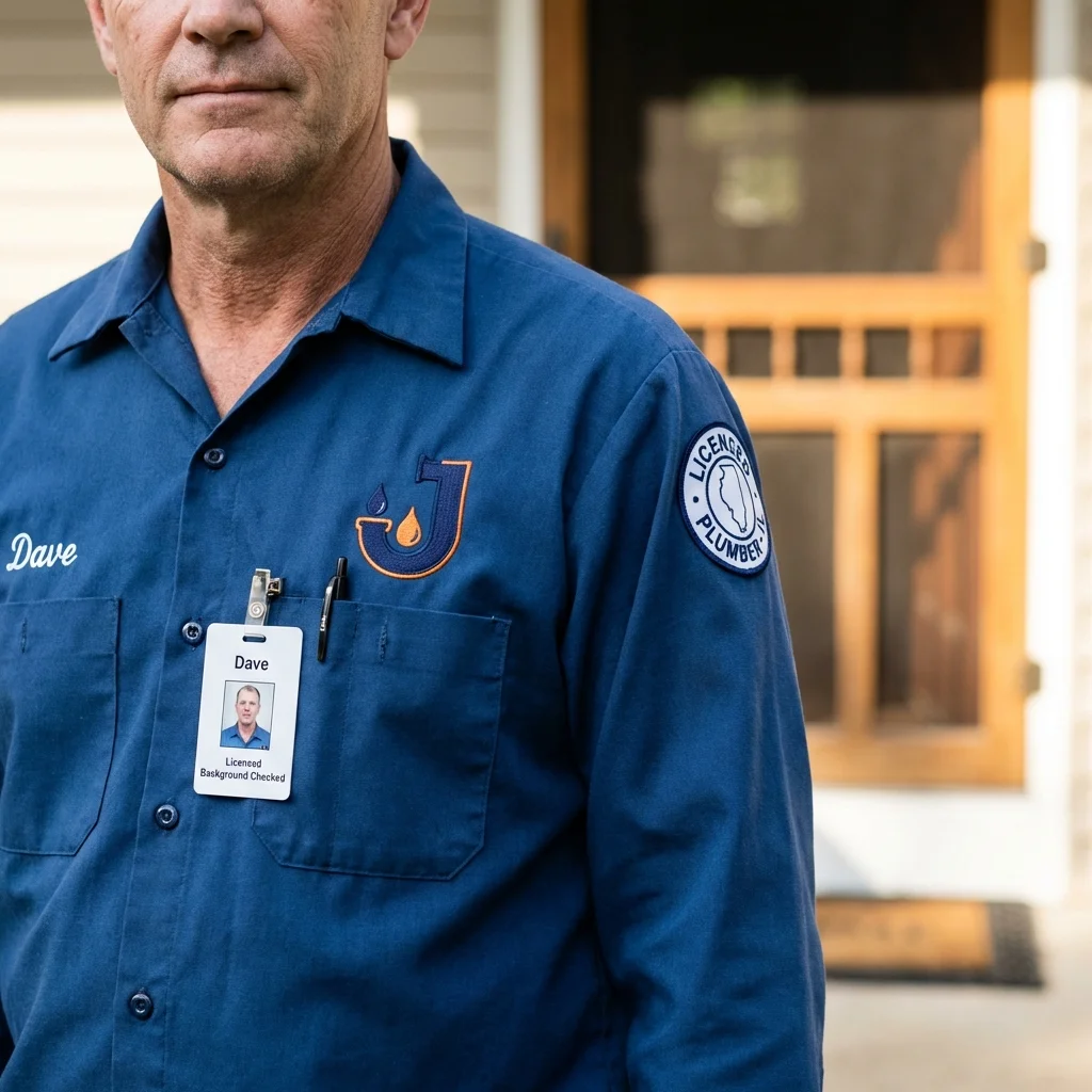 Licensed plumber showing ID badge in East Northport, NY