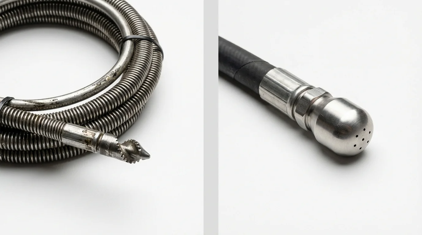 Drain snake cable and hydro jetting nozzle used for drain cleaning in East Northport, NY