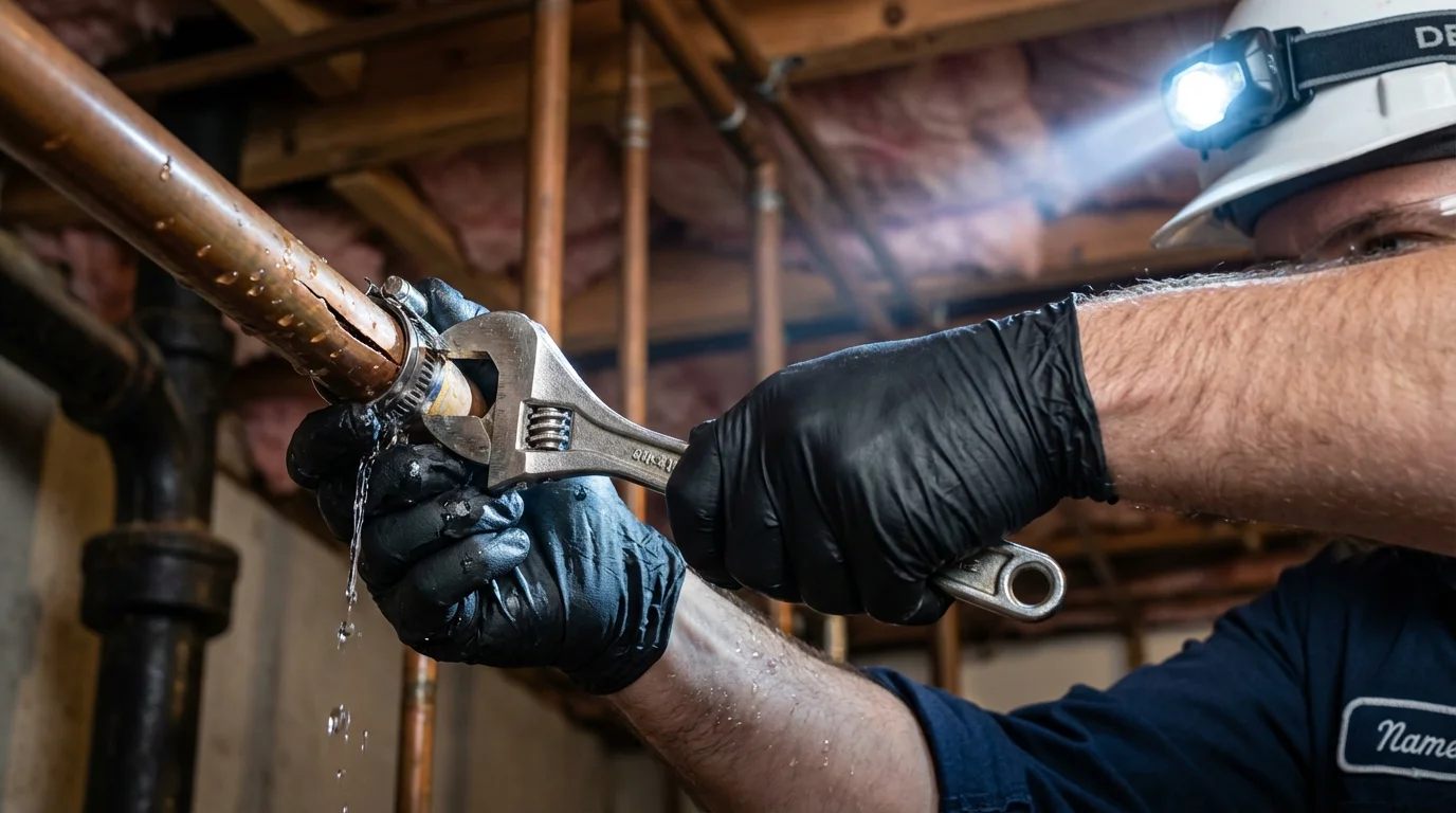 Emergency pipe clamp repair being performed by a Johns Plumbing LLC plumber in East Northport