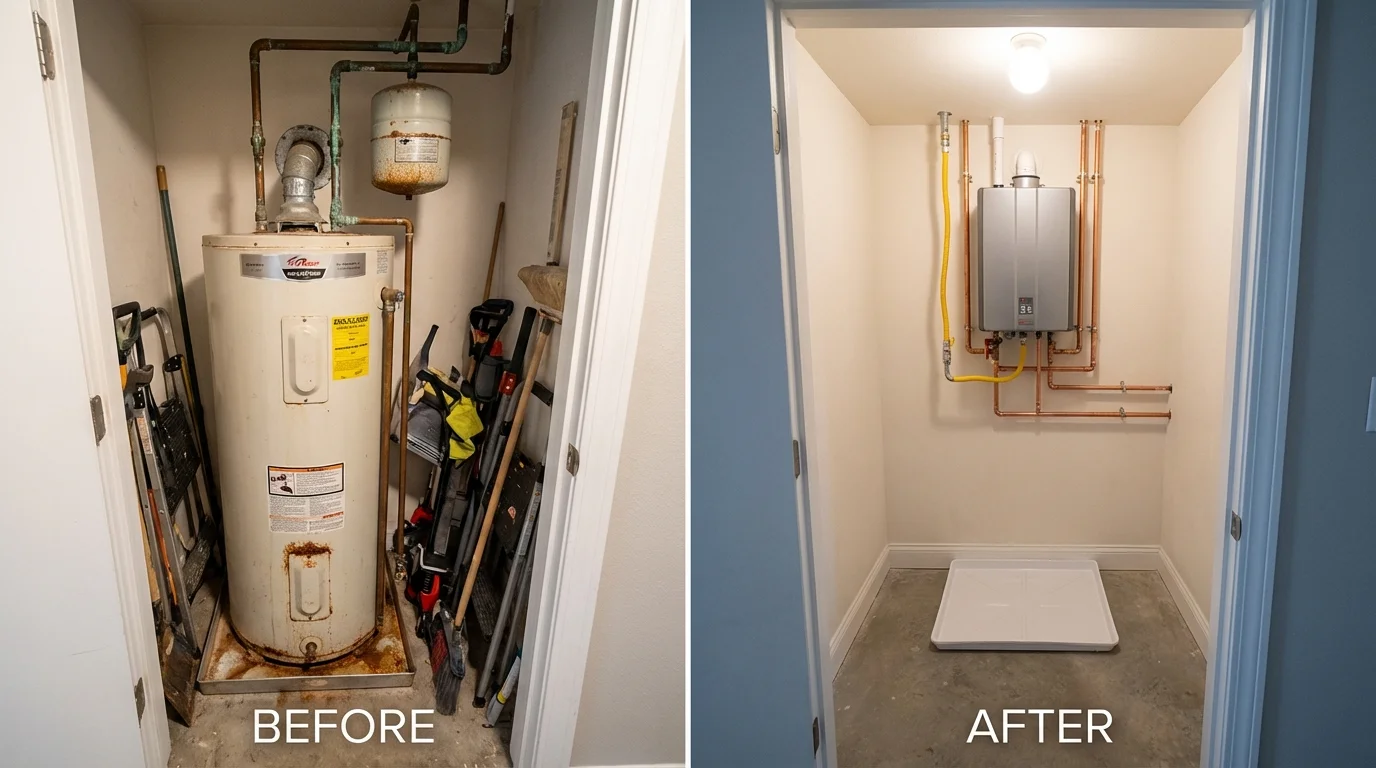 Tank water heater versus wall-mounted tankless unit comparison for East Northport, NY homeowners