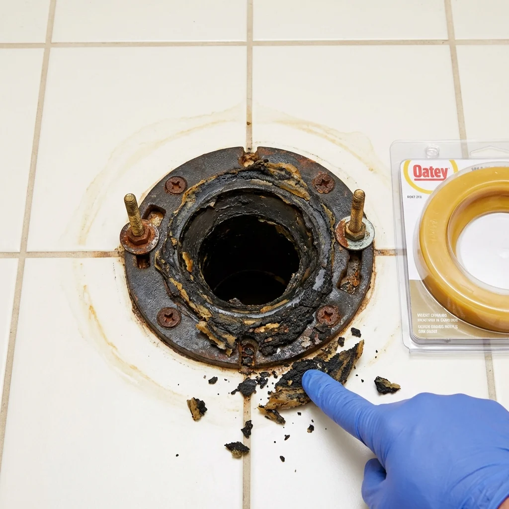 Failed wax ring showing water seepage at the base of a toilet in a East Northport, NY home