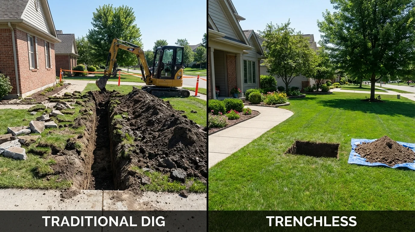 Trenchless sewer repair with minimal yard damage versus traditional excavation in East Northport, NY