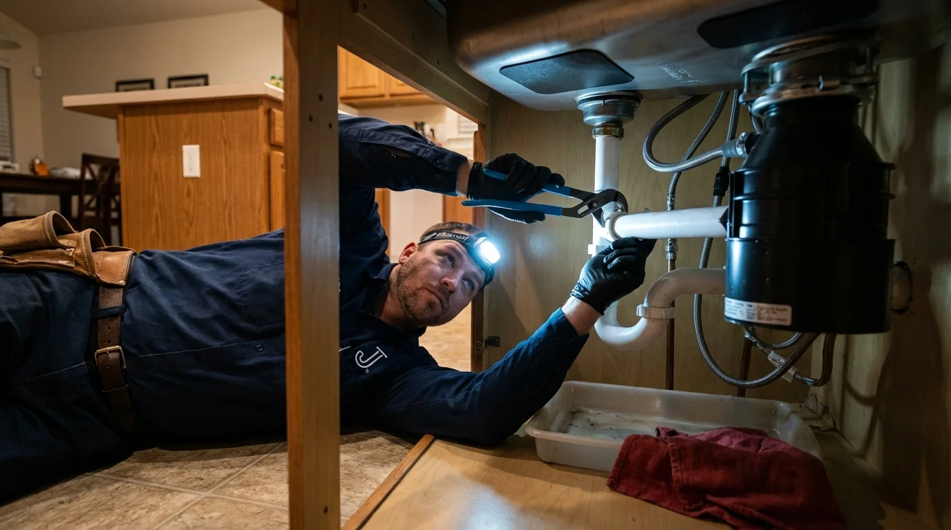 P-trap and supply line connections under a kitchen sink showing a common leak point in East Northport, NY